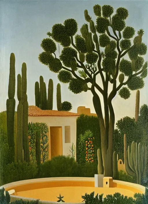 Image similar to A villa in the middle of the desert, fountain, olive trees, ornaments by Henri Rousseau,