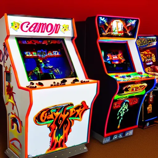 Prompt: retro arcade filled with satanic arcade cabinets, Canon eos, 8k hd resolution