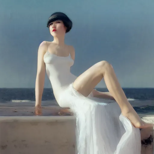 Image similar to a beautiful woman in an elegant see-thru white dress, wearing a black bikini underneath, 1920s, by Ilya Repin and WLOP, 8k octane render