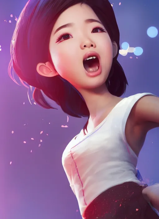 Prompt: a cute Asian girl singing, short stylish hair in the style of DreamWorks animation, mid-shot, low angle view, 16mm lens, award winning, hyper detailed, studio lighting, artstation, octane renderer, unreal engine