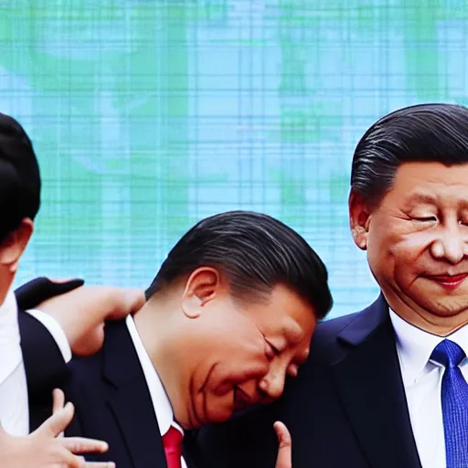 Prompt: trump hugging xi jinping on stage in front of crowd