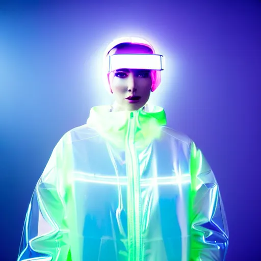 Prompt: an ultra high definition professional studio quality photograph of an artificially intelligent celebrity cyberpunk pop star wearing a transparent iridescent pastel coloured face visor and matching raincoat on white coat hook in a sheer icelandic black rock environment. dramatic lighting. volumetric shadows. light rays