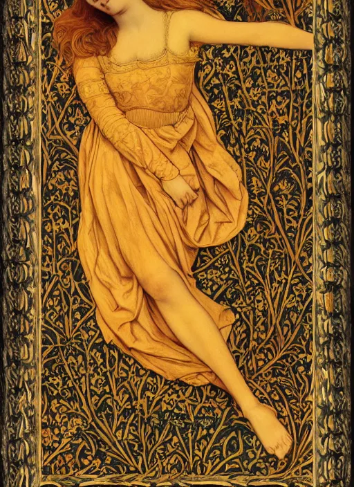 Image similar to preraphaelite full body reclining portrait photography masterpiece, perfectly poised, brown hair fringe, yellow ochre ornate medieval dress, william morris and kilian eng, framed, 4 k