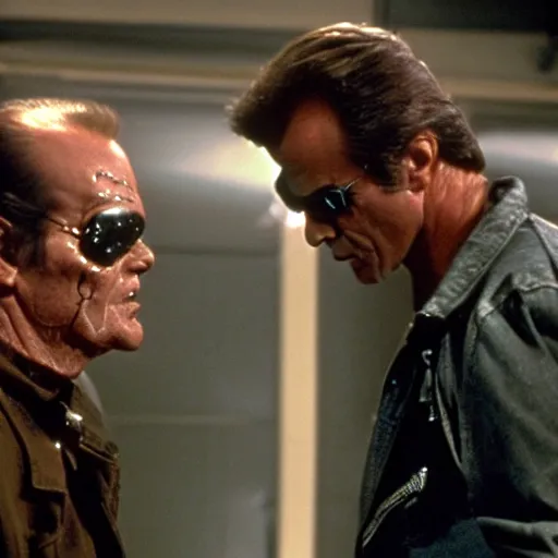 Image similar to Jack Nicholson plays terminator, scene where we see his endoskeleton