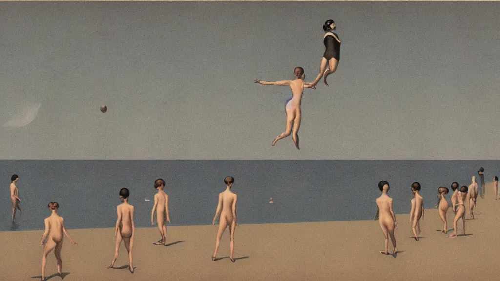 Prompt: A vintage scientific illustration from the 1970s of humans in a line endlessly jumping into a lake by René Magritte