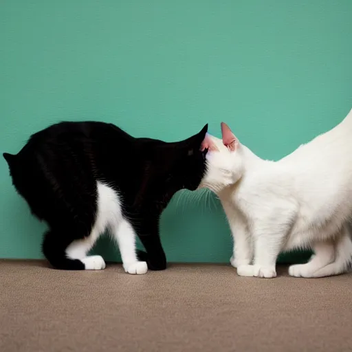 Prompt: two cats, one is white and the other black