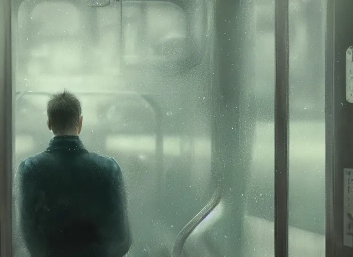 Prompt: man looks out of a train window, dim lighting, lonely, digital art, by wlop, by yoshitaka amano, highly detailed, expressive painting, dark atmosphere, moody, octane render