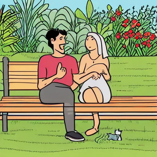 Prompt: a man and a woman sitting on a bench surrounded by plants, a dog sleeping by their feet, cartoon,