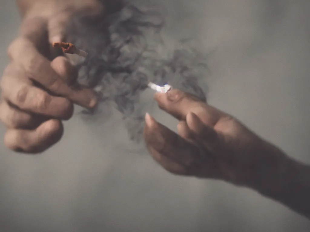 Prompt: Close-up view of hyperrealistic thin soft normal hand holding cigarette with smoke, hyper realistic photo, 4K