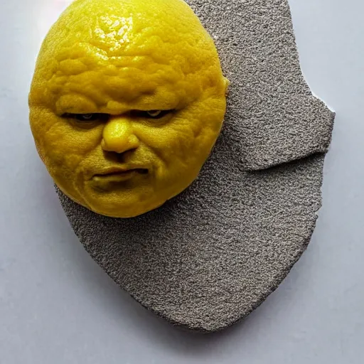 Image similar to a lemon sculpted in the shape of Dwayne Johnson's head