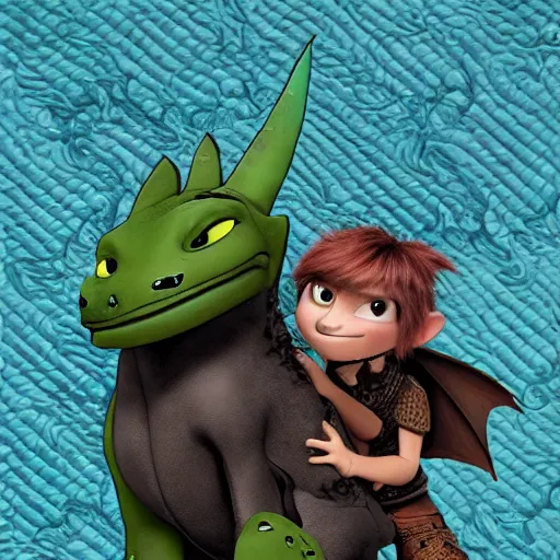 Image similar to adorable dragon in the style of how to train your dragon sitting on a pile of quilts