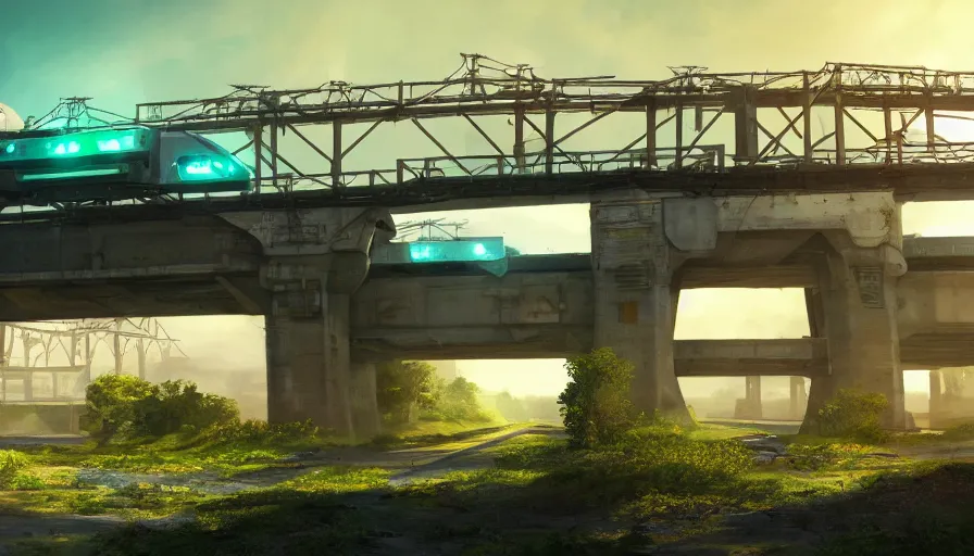 Image similar to futuristic cargo train driving over train bridge, green hills, matte painting, artstation, sunrise, blue sky, solarpunk