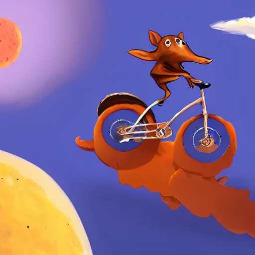 Image similar to bike made of swiss cheese wheels, a cartoonish rat riding the bike on the surface of the moon and, digital painting, greg rutowski, artstation