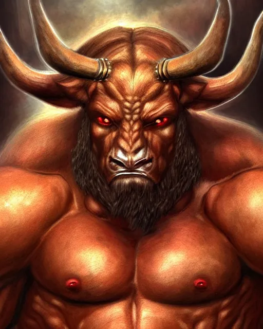 Prompt: minotaur from path of exile, muscular pecs, portrait, digital painting, highly detailed, intricate, trending on artstation, sharp focus, art by John Buscema