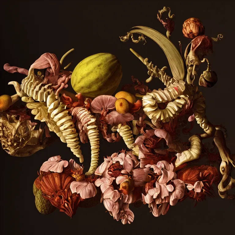 Image similar to still life of rotten flesh, beautiful tropical flowers, human spine, tropical fruit baroque painting, beautiful detailed intricate insanely detailed octane render, 8K artistic photography, photorealistic, chiaroscuro, Raphael, Caravaggio