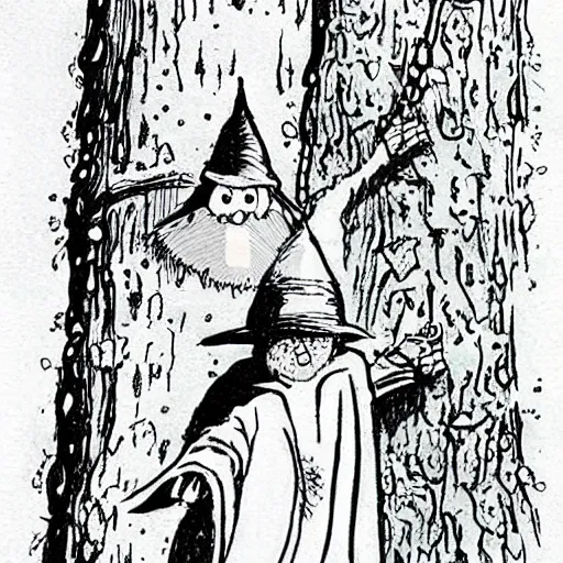 Image similar to neat ink drawing of cartoon wizard in robe and hat staying on the top of the tree, by Bill Waterson by Rutkowsky,