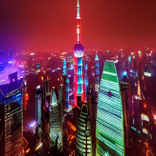 Image similar to cyberpunk shanghai lujiazui in the night seen from below, cityscape, mist, rain, artstation, 8 k