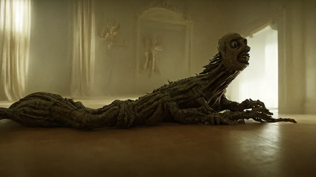 Image similar to the creature on the house in the house, film still from the movie directed by denis villeneuve and david cronenberg, with art direction by salvador dali, wide lens