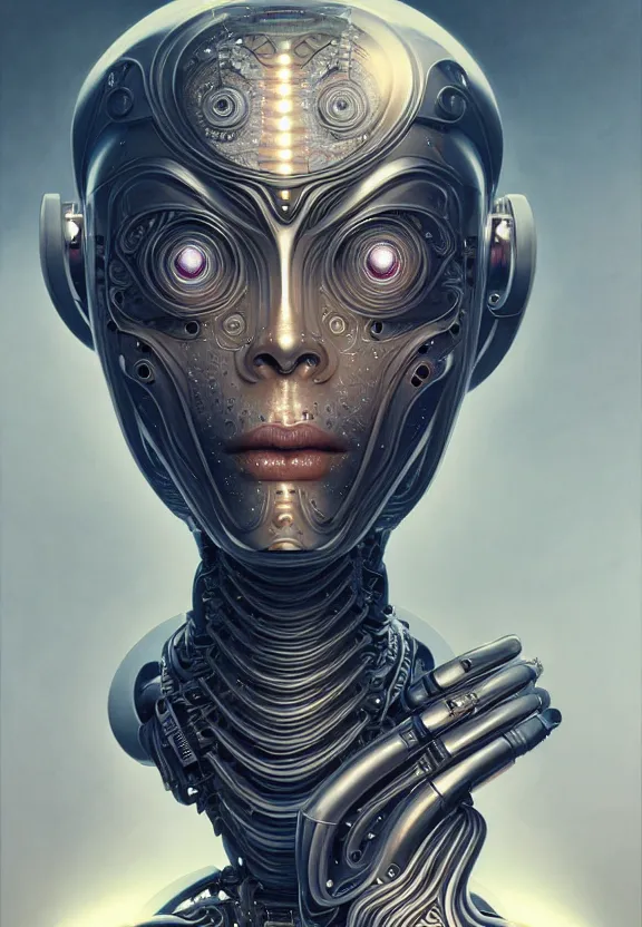 Image similar to ultra realist intricate detailed painting of a single attractive alien female, cyborg male, full body, curvy, cyborg tech, symmetry accurate features, very intricate details, focus, 8k render, artstyle Hiraku Tanaka and Tom Bagshaw, award winning