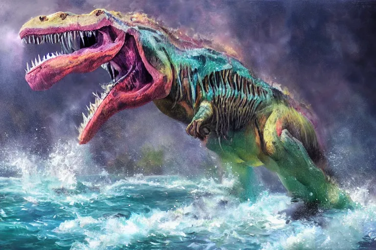 Image similar to highly detailed oil painting of a tyrannosaurus rex in a steaming colorful hotspring stream, featured on artstation