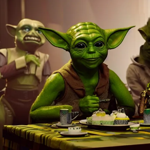 Image similar to green johnny dep with yoda ears at a tea party with c 3 po, greg rutkowski and jason chan highly detailed cinematic lighting octane render unreal engine