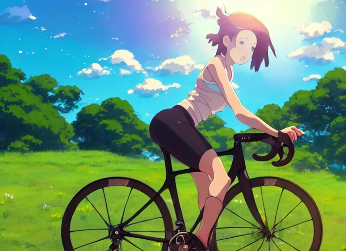 Prompt: portrait of cute girl riding road bike, sunny sky background, lush landscape, illustration concept art anime key visual trending pixiv fanbox by wlop and greg rutkowski and makoto shinkai and studio ghibli and kyoto animation, symmetrical facial features, sports clothing, kask protone icon, nike cycling suit, backlit, aerodynamic frame, long hair, down hair