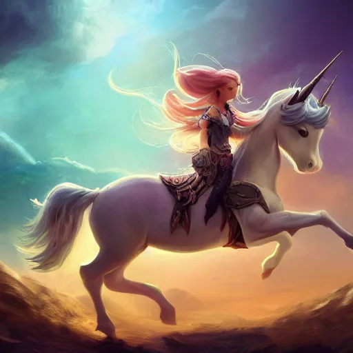 Image similar to A close up digital intricate illustration concept art of very beautiful woman riding unicorn art by Renato muccillo and Andreas Rocha and Johanna Rupprecht + dofus colors, wakfu colors + symmetry + natural volumetric lighting, realistic 4k octane beautifully detailed render, 4k post-processing, intricate complexity, epic composition, magical atmosphere, highly detailed, cinematic lighting + masterpiece, trending on artstation + symmetry