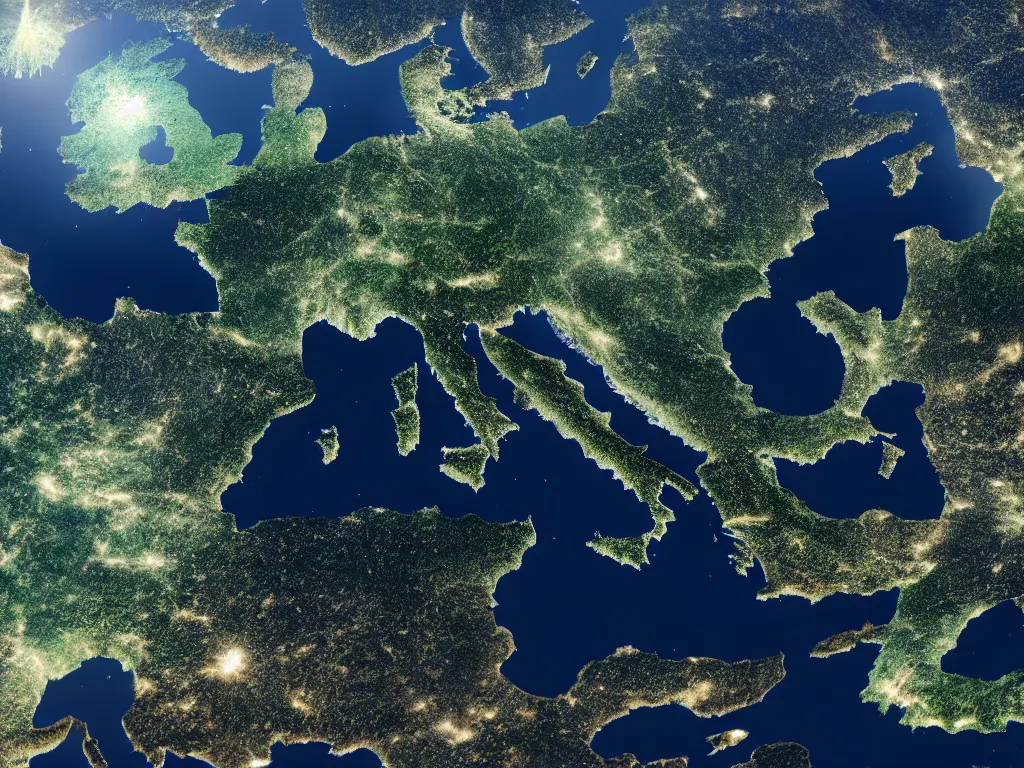 Prompt: satellite view of europe with a gigantic super computer visible from space, artstation, volumetric light, high detail, reflections, perfect, concept art, hdr, 8 k