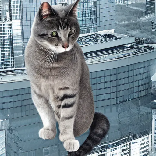 Image similar to A giant cat staring at humans from the top of a highrise building, digital art