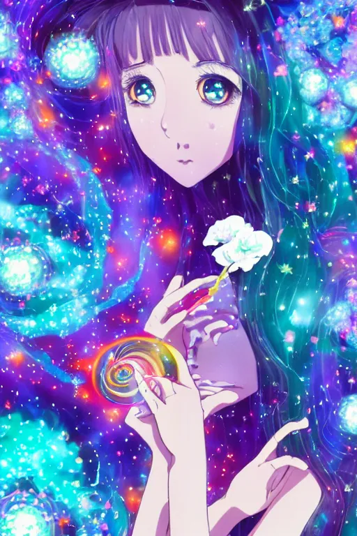 Image similar to psychedelic, whimsical, anime, 4k, beautiful intimate woman blowing smoke, with professional makeup, long trippy hair, a crystal and flower dress, sitting in a reflective pool, surrounded by gems, underneath the stars, rainbow fireflies, trending on patreon, deviantart, twitter, artstation, volumetric lighting, heavy contrast, art style of Ross Tran and Miho Hirano anc Ilya Kuvshinov