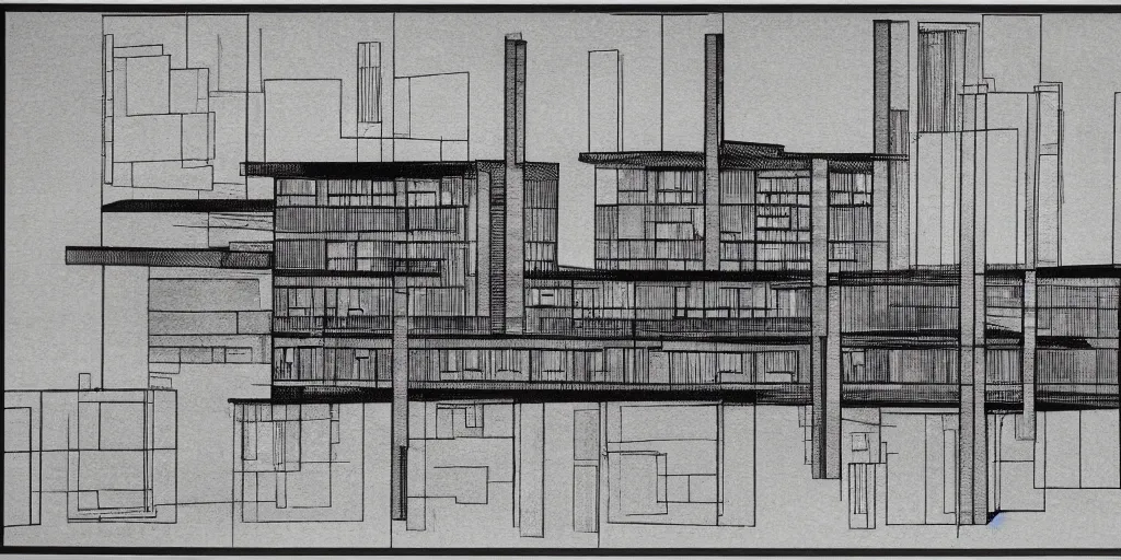 Image similar to brutalist building facing. yugoslavia, le corbusier, central symmetry, highly detailed, golden ratio, black and white color scheme, etching render
