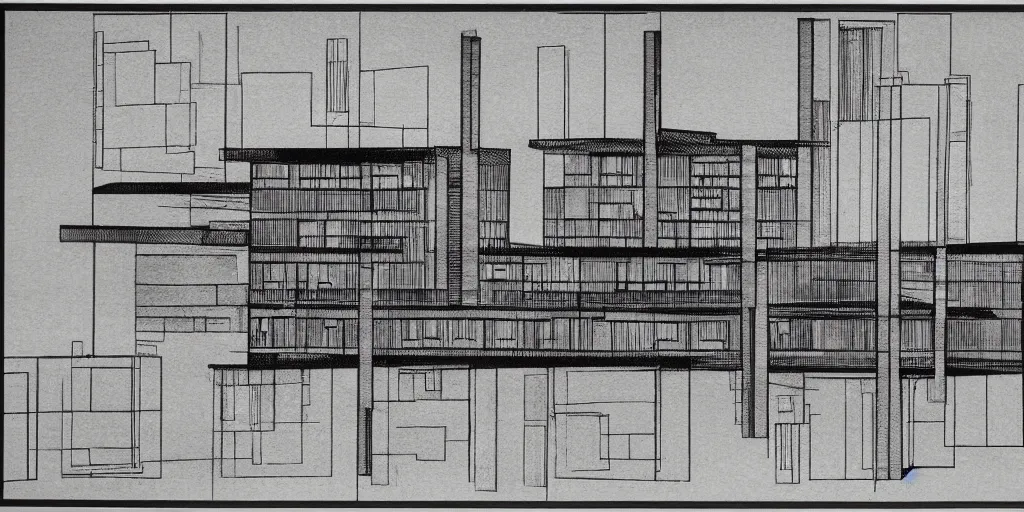 Prompt: brutalist building facing. yugoslavia, le corbusier, central symmetry, highly detailed, golden ratio, black and white color scheme, etching render