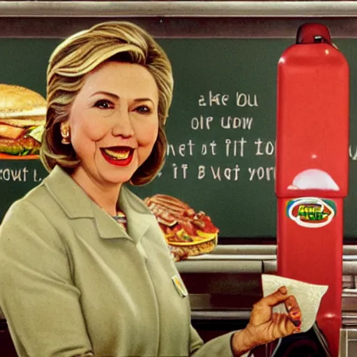 Prompt: hilary clinton super excited to be working at subway, sarcastic, by norman rockwell hyperrealism 8 k