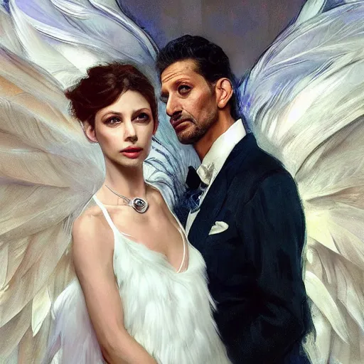 Image similar to hyperrealistic portrait of a man as jeff goldblum touching neck noir white swan dress wearing sapphire jewellery with long feather collar by jeremy mann and alphonse mucha, fantasy art, photo realistic, dynamic lighting, artstation, poster, volumetric lighting, very detailed faces, 4 k, award winning