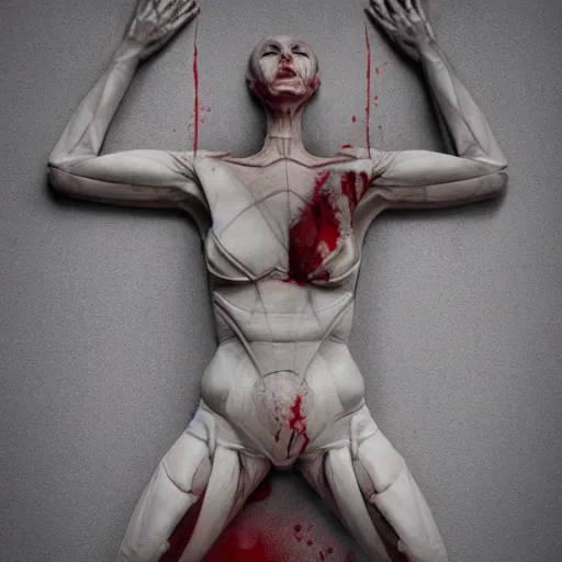 Image similar to hyperrealistic mixed media image of human corpse origami, broken bones and blood, stunning 3 d render inspired art by greg rutkowski and xiang duan and thomas eakes, perfect symmetry, flesh texture, realistic, highly detailed attributes and atmosphere, dim volumetric cinematic lighting, 8 k octane detailed render, post - processing, masterpiece,