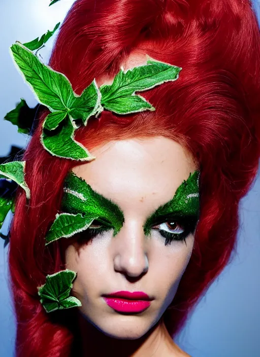 Prompt: a beautiful portrait of young flavia lucini as poison ivy from batman as a versace fashion model spring / summer 2 0 1 2, highly detailed, in the style of cinematic, getty images, milan fashion week backstage, makeup by pat mcgrath, greg rutkowski