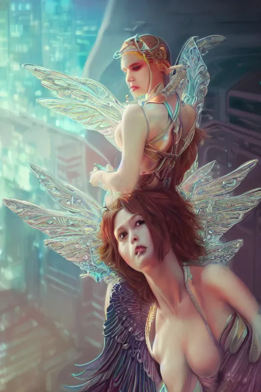 Prompt: portrait futuristic goddess angel Girl with wings and armor, in future cyberpunk tokyo rooftop , ssci-fi, fantasy, intricate, very very beautiful, elegant, human anatomy, neon light, highly detailed, digital painting, artstation, concept art, smooth, sharp focus, illustration, art by tian zi and WLOP and alphonse mucha