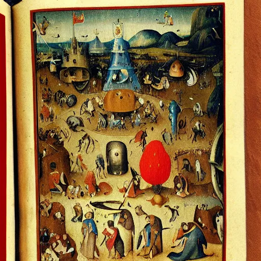 Image similar to book page of Where’s Waldo in the style of Hieronymus Bosch, Waldo is walking