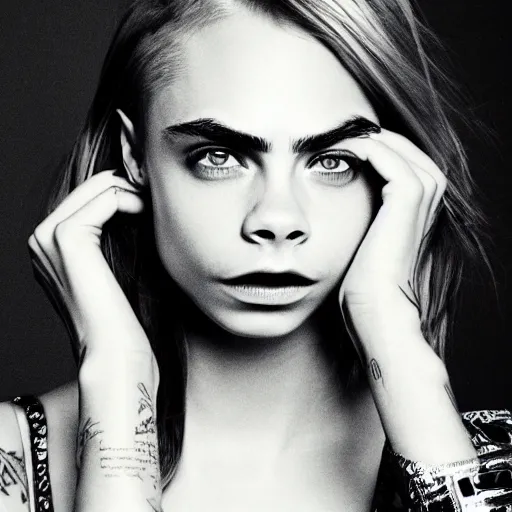 Prompt: photo of a gorgeous 20-year-old Cara Delevingne with 1990s hairstyle by Mario Testino, detailed, head shot, award winning, Sony a7R -