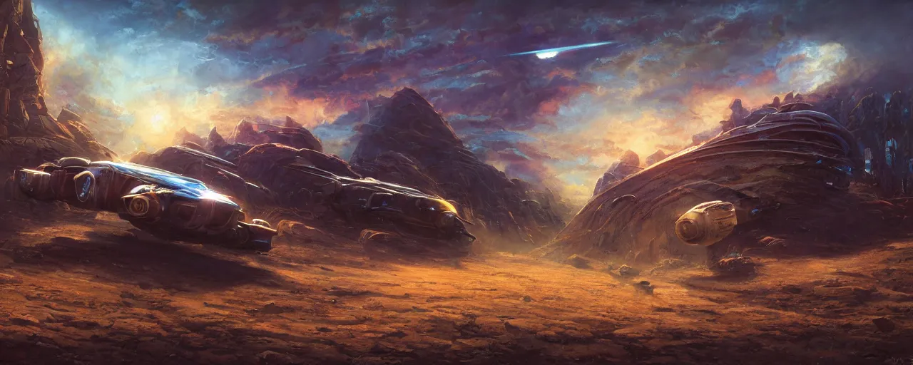 Image similar to cinematic vehicle in retro scifi landscape, beautiful colours, sharp textures, nikolay georgiev, alex ross, bruce pennington, donato giancola, larry elmore, masterpiece, oils on canvas, trending on artstation, featured on pixiv, cinematic composition, sharp, details, hyper - detailed, hd, hdr, 4 k, 8 k