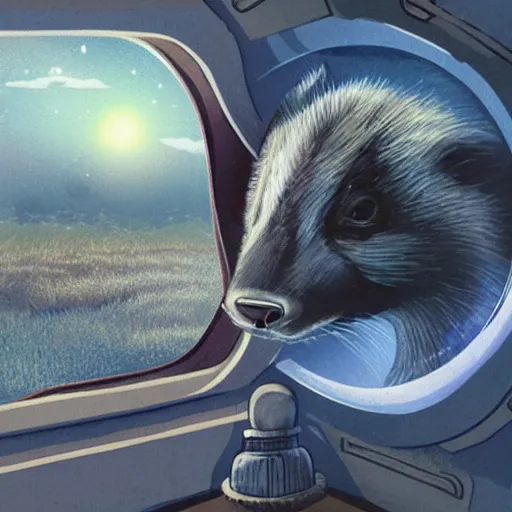 Image similar to a badger looking wistfully out of a spaceship window, sci-fi illustration,