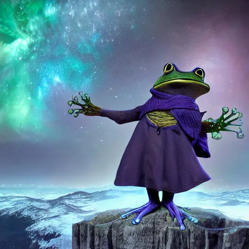 Image similar to frog time wizard, summons a glacial storm from his mouth, epic, cinematic, 8 k, fantasy, devastating, nebula