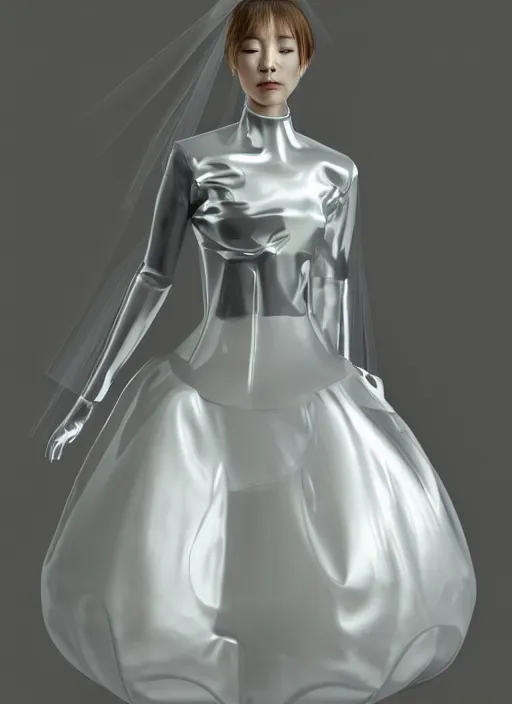 Image similar to an early 0 0's aesthetic digital portrait of a japanese futuristic beautiful girl detailed features wearing a latex wedding dress with a puffy skirt designed by balenciaga artstation, realistic by ichiro tanida and armin vit