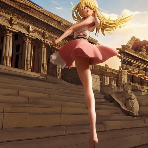 Image similar to blonde - haired princess, anime princess, wearing skinsuit, action pose, parkour, plaza, greco - roman pillars, golden hour, partly cloudy sky, sepia sun, strong lighting, strong shadows, vivid hues, ultra - realistic, sharp details, subsurface scattering, intricate details, hd anime, 2 0 1 9 anime