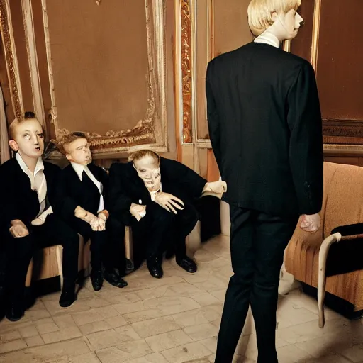 Prompt: a medium shot photograph of a blonde boy sitting on a classic armchair, wearing causal black suits, in the middle of a hall which fills with mafia men, looking at the adult men kneeling before him kissing his hand, the 2000s, Italy, solemn, pale