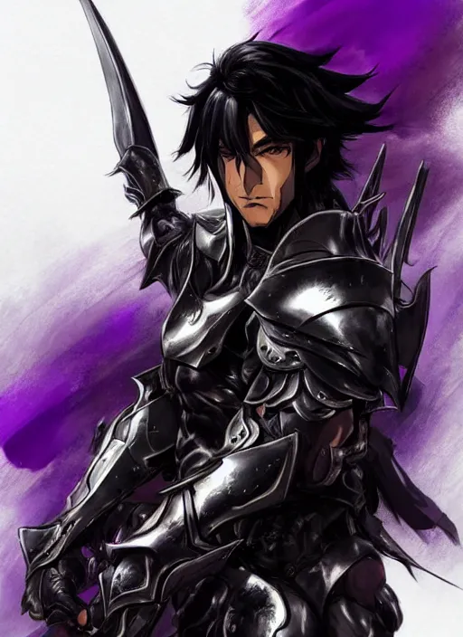 Prompt: Half body portrait of a handsome black haired elven warrior in black and purple heavy steel armour. In style of Yoji Shinkawa and Hyung-tae Kim, trending on ArtStation, dark fantasy, great composition, concept art, highly detailed.