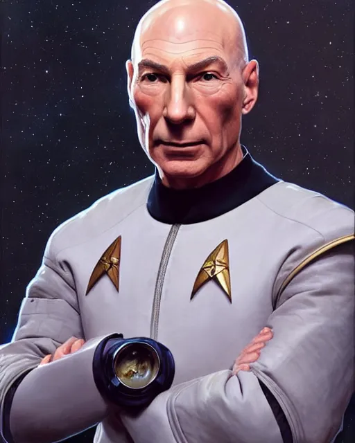 Image similar to Portrait of Jean Luc Picard in a space suit, real life skin, intricate, elegant, highly detailed, artstation, concept art, smooth, sharp focus, art by artgerm and greg rutkowski and alphonse mucha