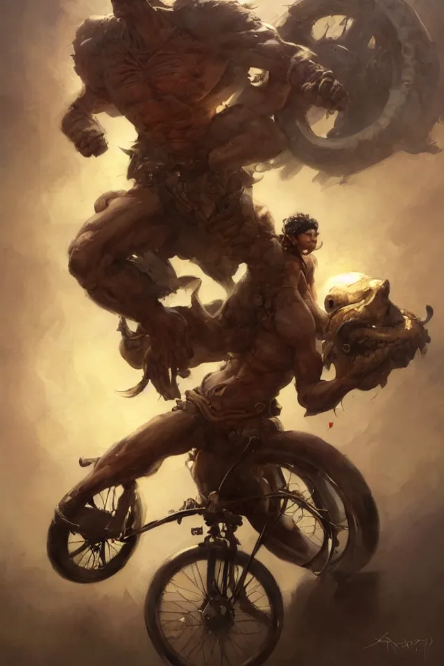 Image similar to A beautiful oil cartoony painting of a happy Remi Malek riding a tricycle by Lucas Graciano, Frank Frazetta, Greg Rutkowski, Boris Vallejo, epic fantasy character art, high fantasy, Exquisite detail, post-processing, low angle, masterpiece, cinematic