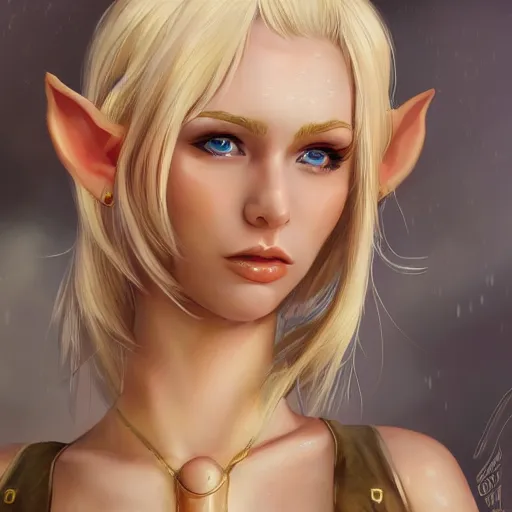 Image similar to high fantasy, portrait of blond elf woman, detailed face, detailed body, chef clothing, kitchen knife, ultradetailed digital illustration, epic atmosphere, artstation