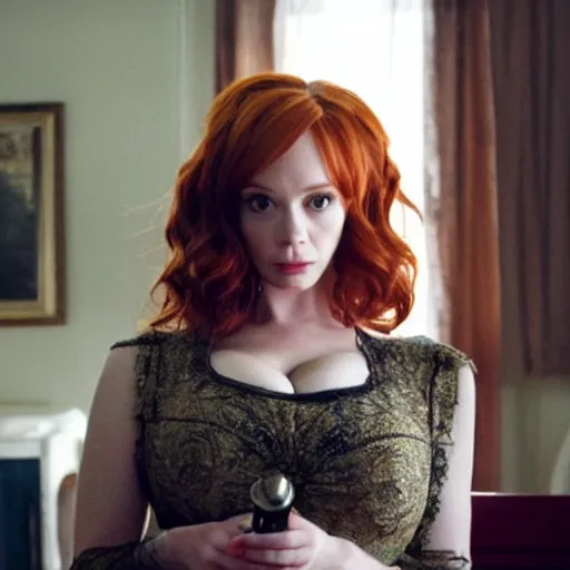 Image similar to a very surprised looking beautiful Christina Hendricks r in the living room, film still from the movie directed by Denis Villeneuve , wide lens